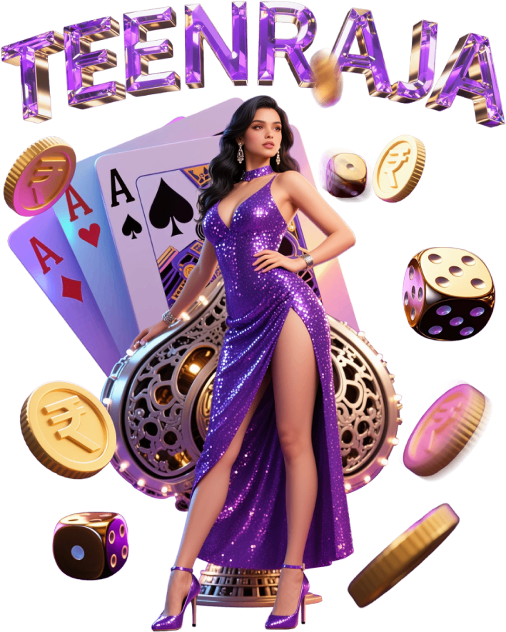 A woman in a purple dress with playing cards and casino chips.